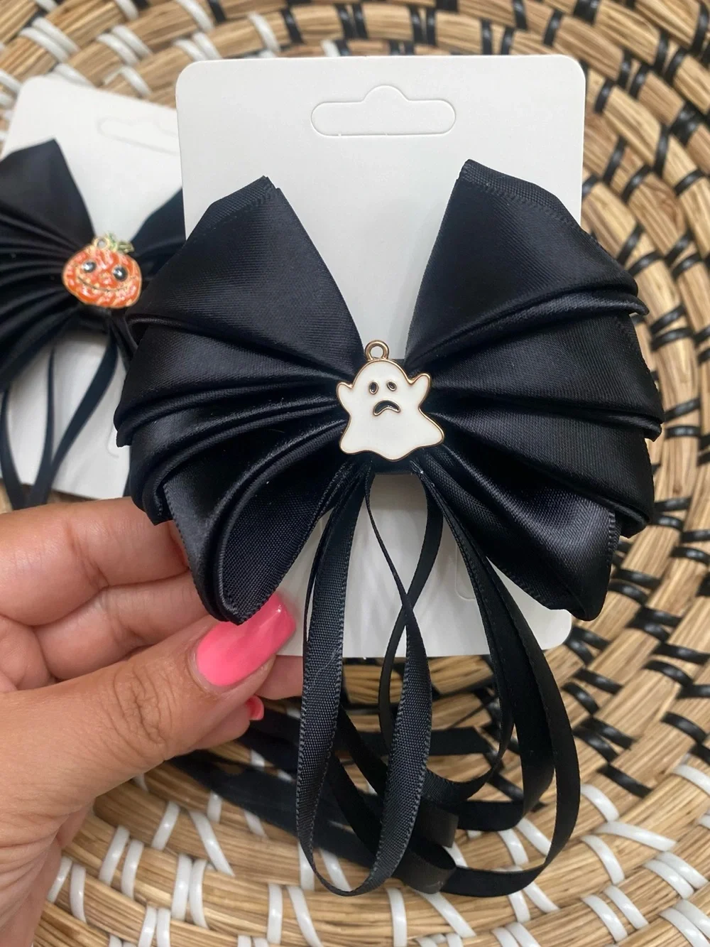 Kids Black Halloween Bow Hair Clip with Pumpkin and Ghost Charms